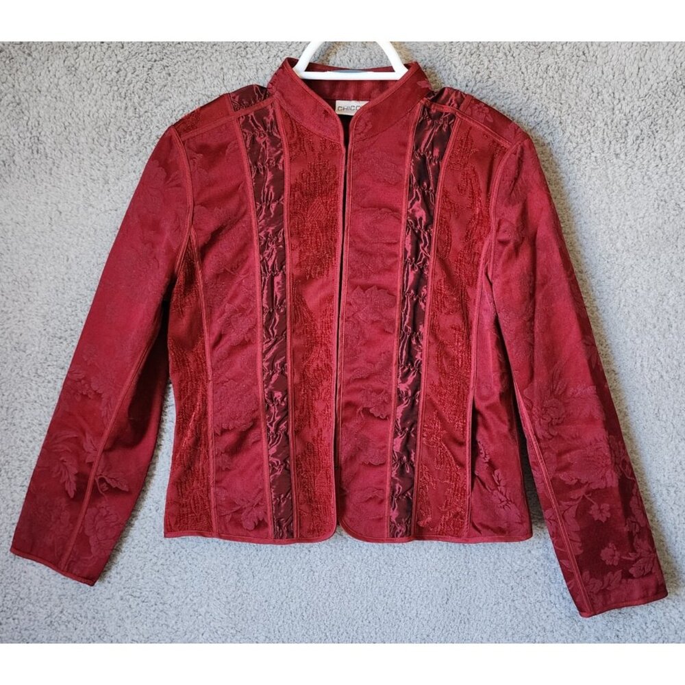 Chico's Women's Jacket Hook Eye Deep Red Brocade Jacquard Mixed Media Size 1 (M)